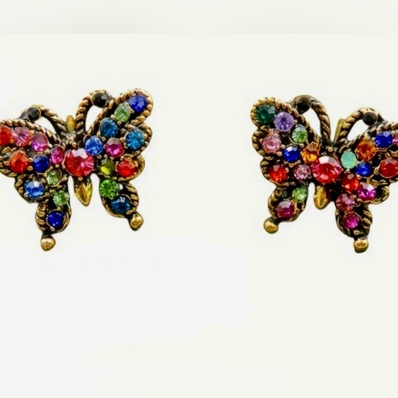 Betsey Johnson Jewelry - Betsy Johnson 14k gold plated multi colored rhinestone butterfly earrings.